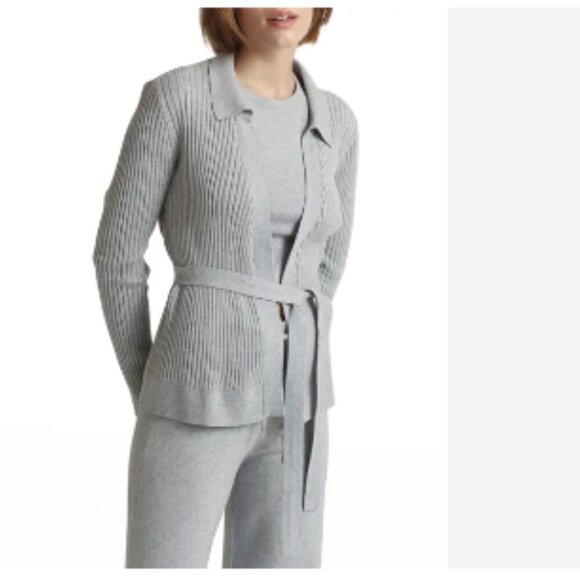 Skin Marilynne Ribbed Cardigan Cotton Cashmere Belted Gray - Picture 4 of 12